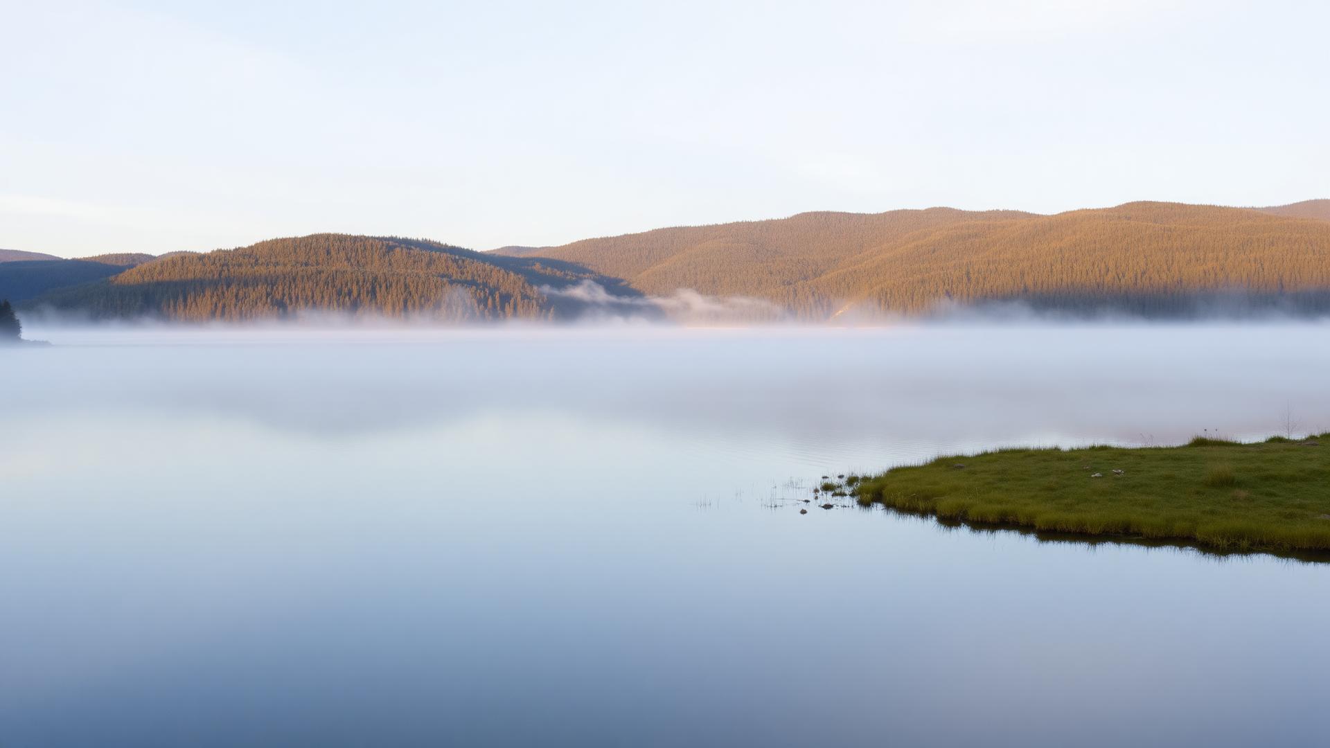 Stille vatn med morgondis og skogkledde fjell i Vest-Telemark