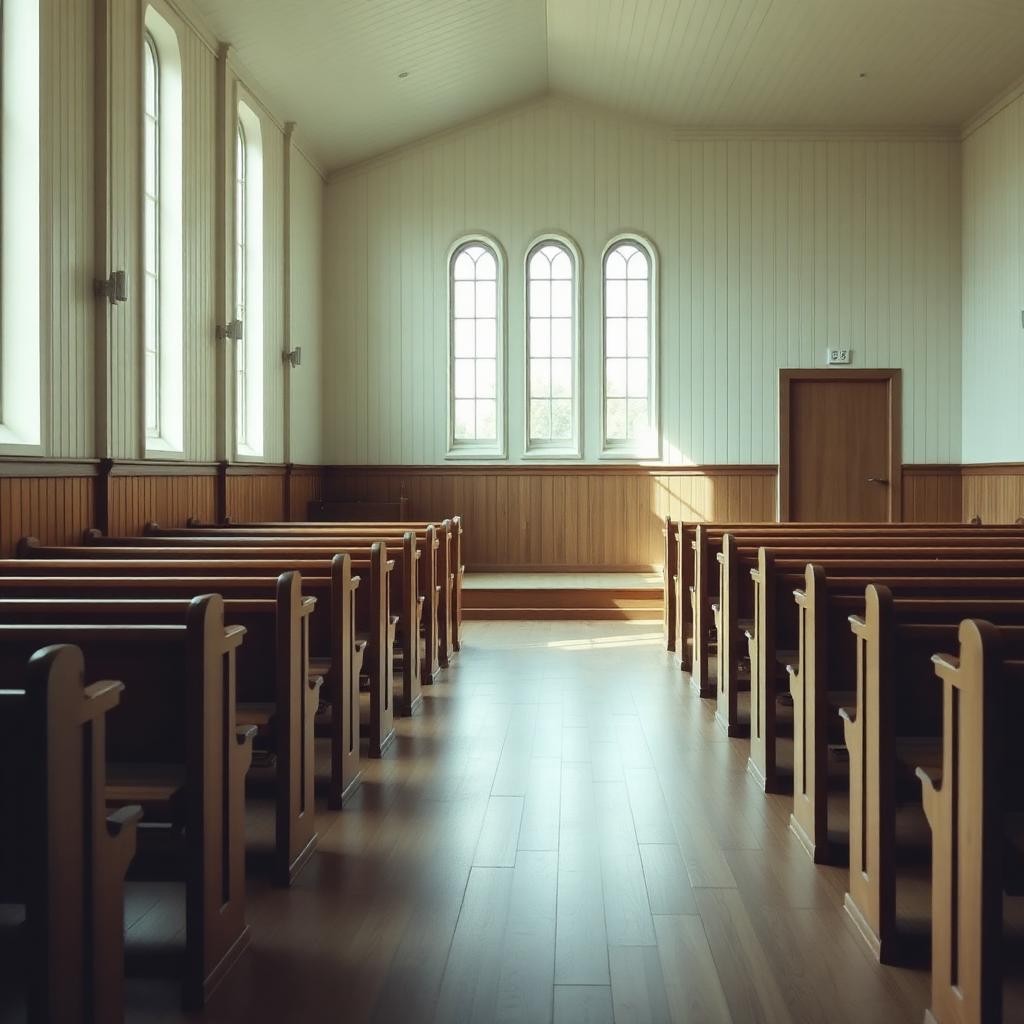Lyst og roleg kyrkjerom med trebenkar og dagslys frå høge vindauge